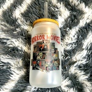 Horror movies glass cup with glass straw. Bamboo lid. NWOT custom